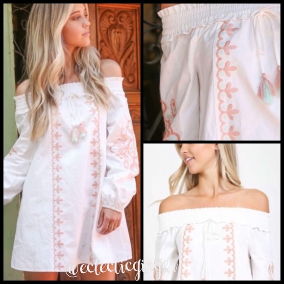 White mint green baby pink embroidered off the shoulder long sleeve dress S M L - Picture 3 of 7